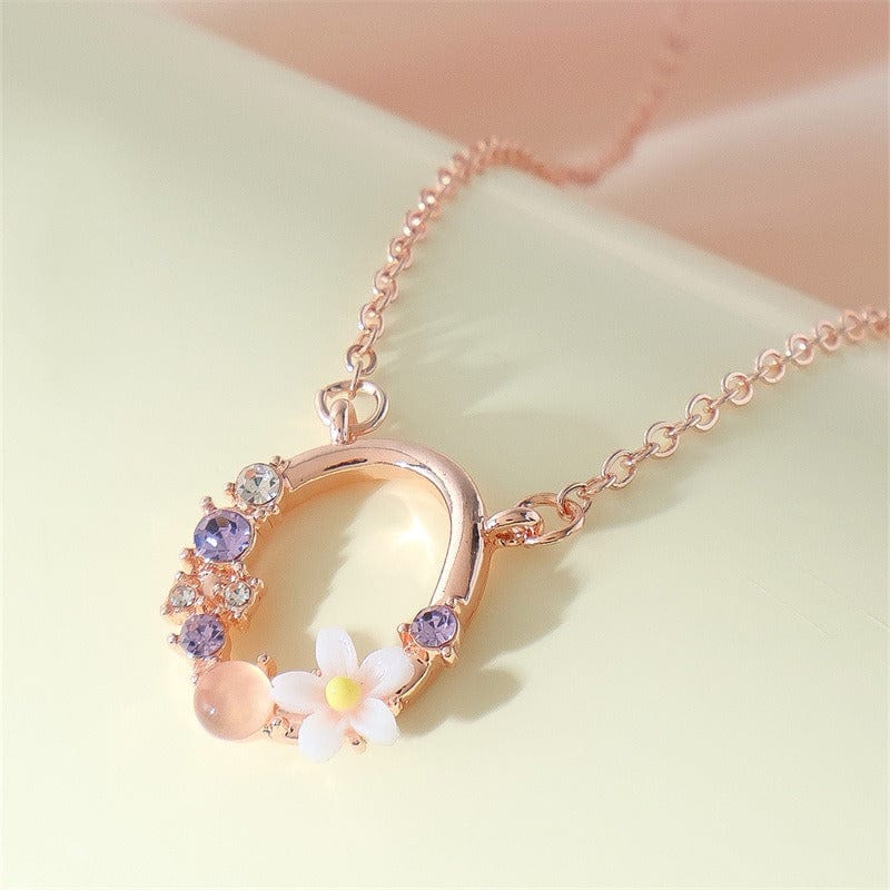 Chic Crystal Opal Inlaid Floral Alphabet Monogram Letter Necklace - ArtGalleryZen