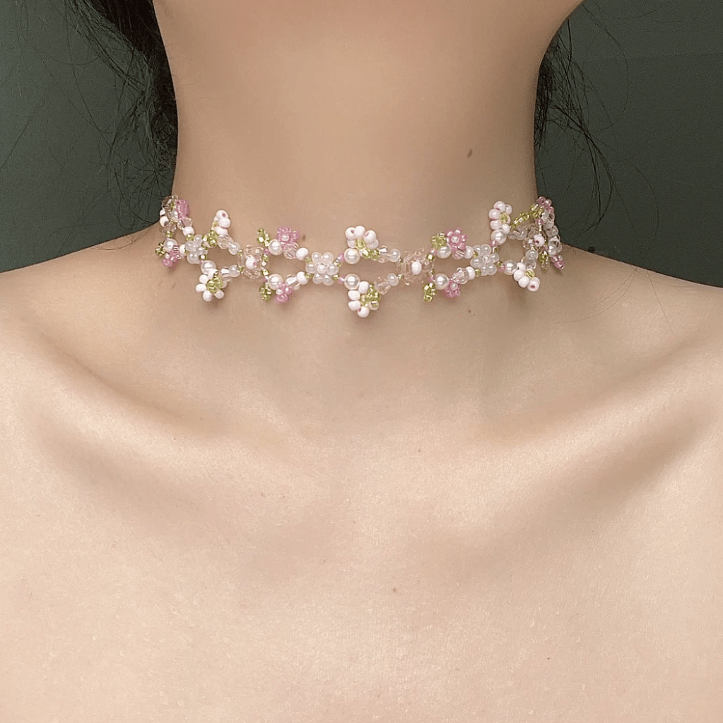 Chic Crystal Pendant Floral Seed Beaded Chain Choker Necklace - ArtGalleryZen