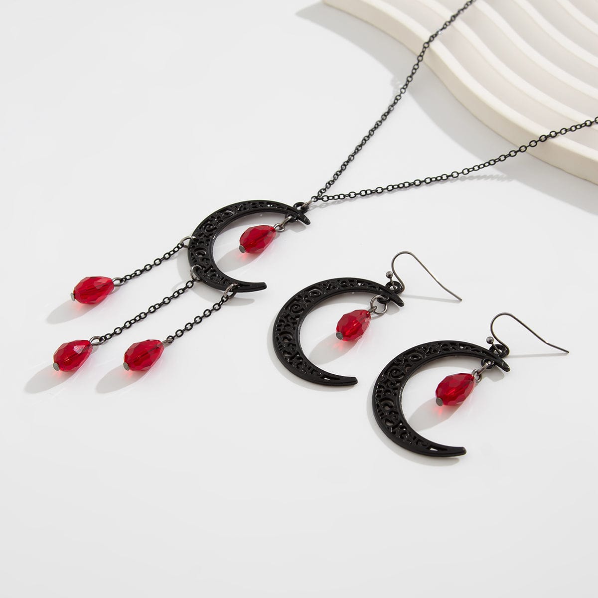 Chic Crystal Tassel Moon Charm Necklace Earrings Set - ArtGalleryZen