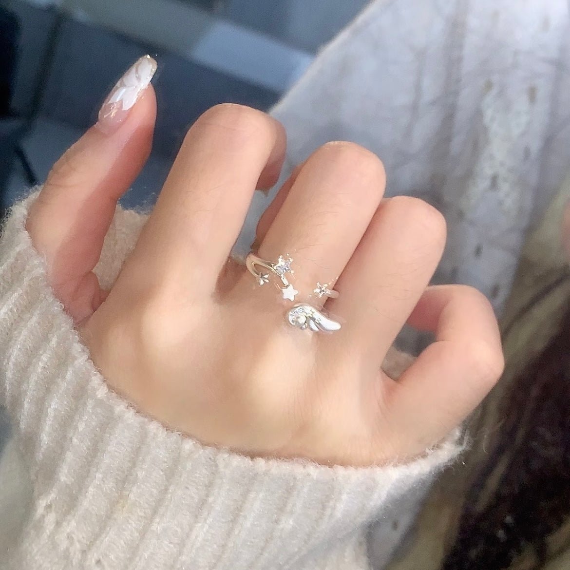 Chic CZ Inlaid Angel Wing Star Open Ring - ArtGalleryZen