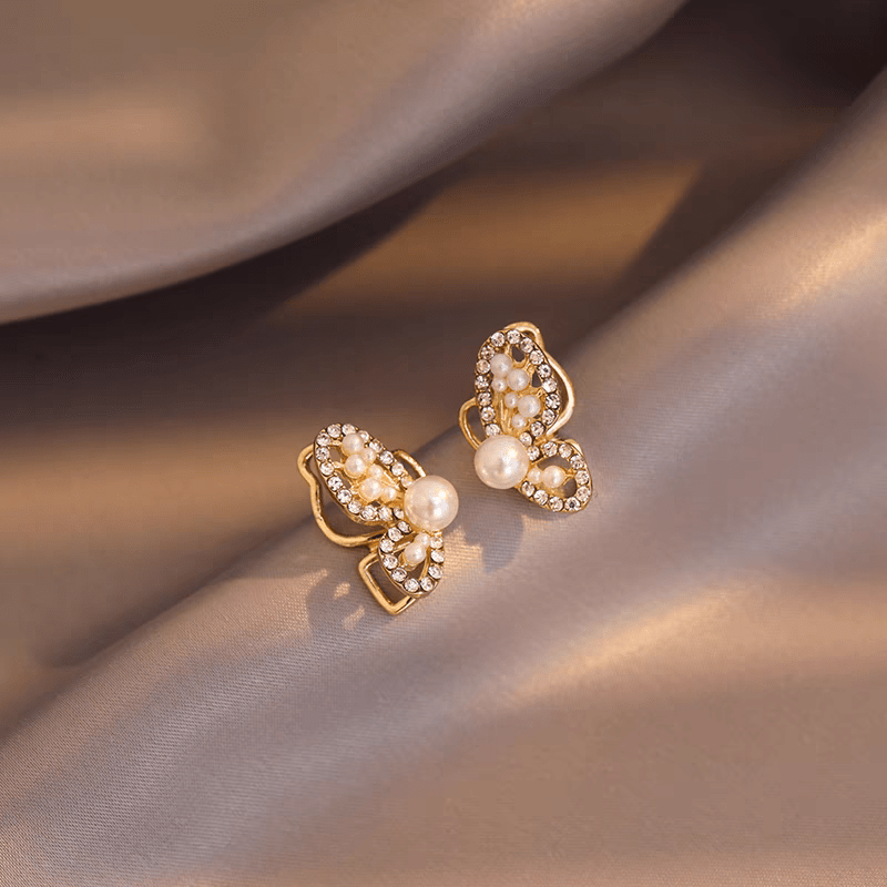 Chic CZ Inlaid Butterfly Pearl Earrings - ArtGalleryZen
