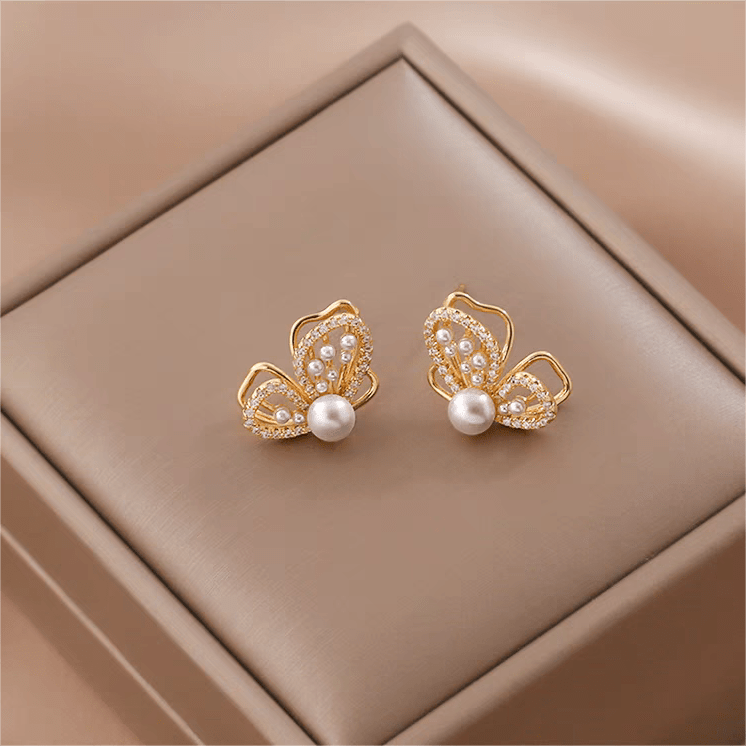Chic CZ Inlaid Butterfly Pearl Earrings - ArtGalleryZen