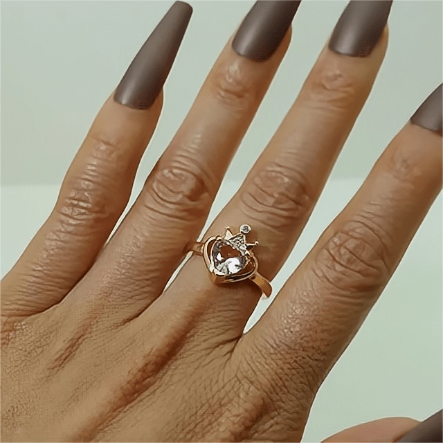 Chic CZ Inlaid Crown Heart Open Ring - ArtGalleryZen