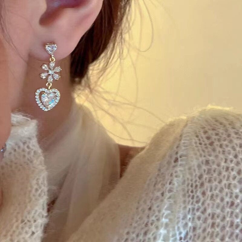 Chic CZ Inlaid Crystal Floral Heart Dangle Earrings - ArtGalleryZen