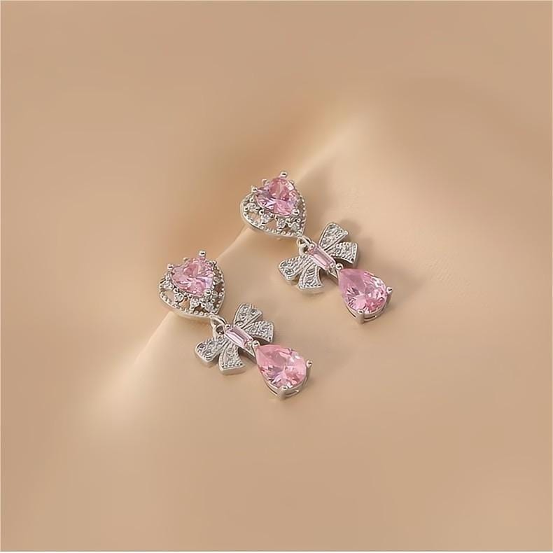 Chic CZ Inlaid Crystal Ribbon Heart Dangle Earrings - ArtGalleryZen