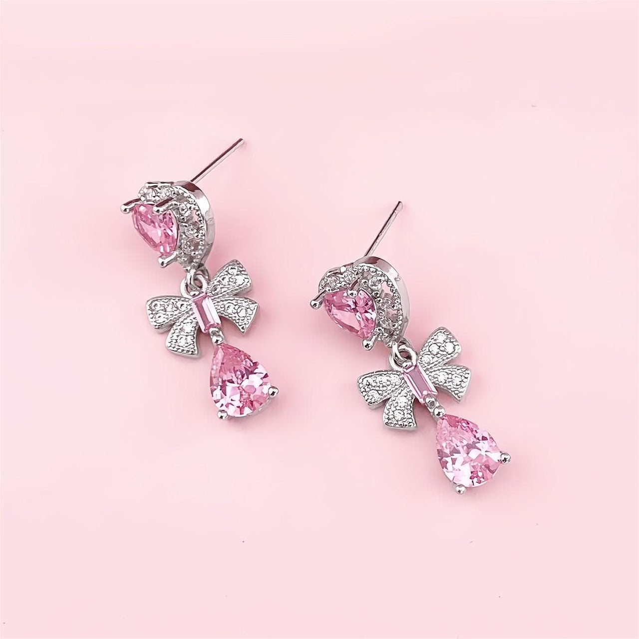 Chic CZ Inlaid Crystal Ribbon Heart Dangle Earrings - ArtGalleryZen