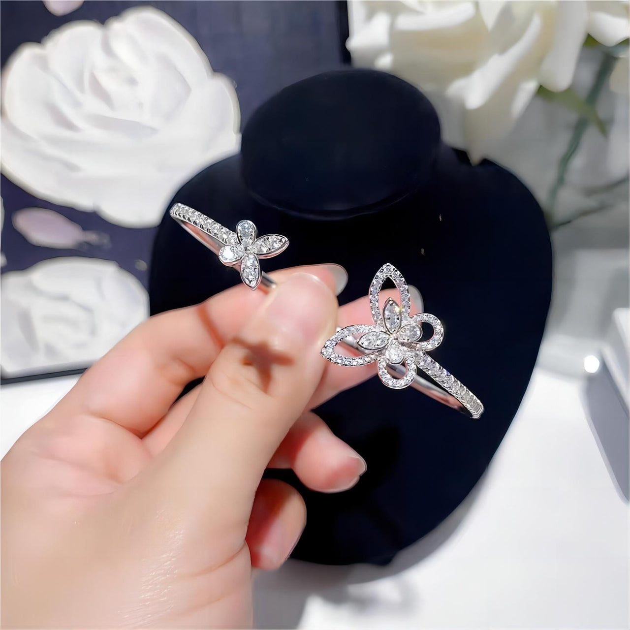 Chic CZ Inlaid Duo Butterfly Bangle Bracelet - ArtGalleryZen