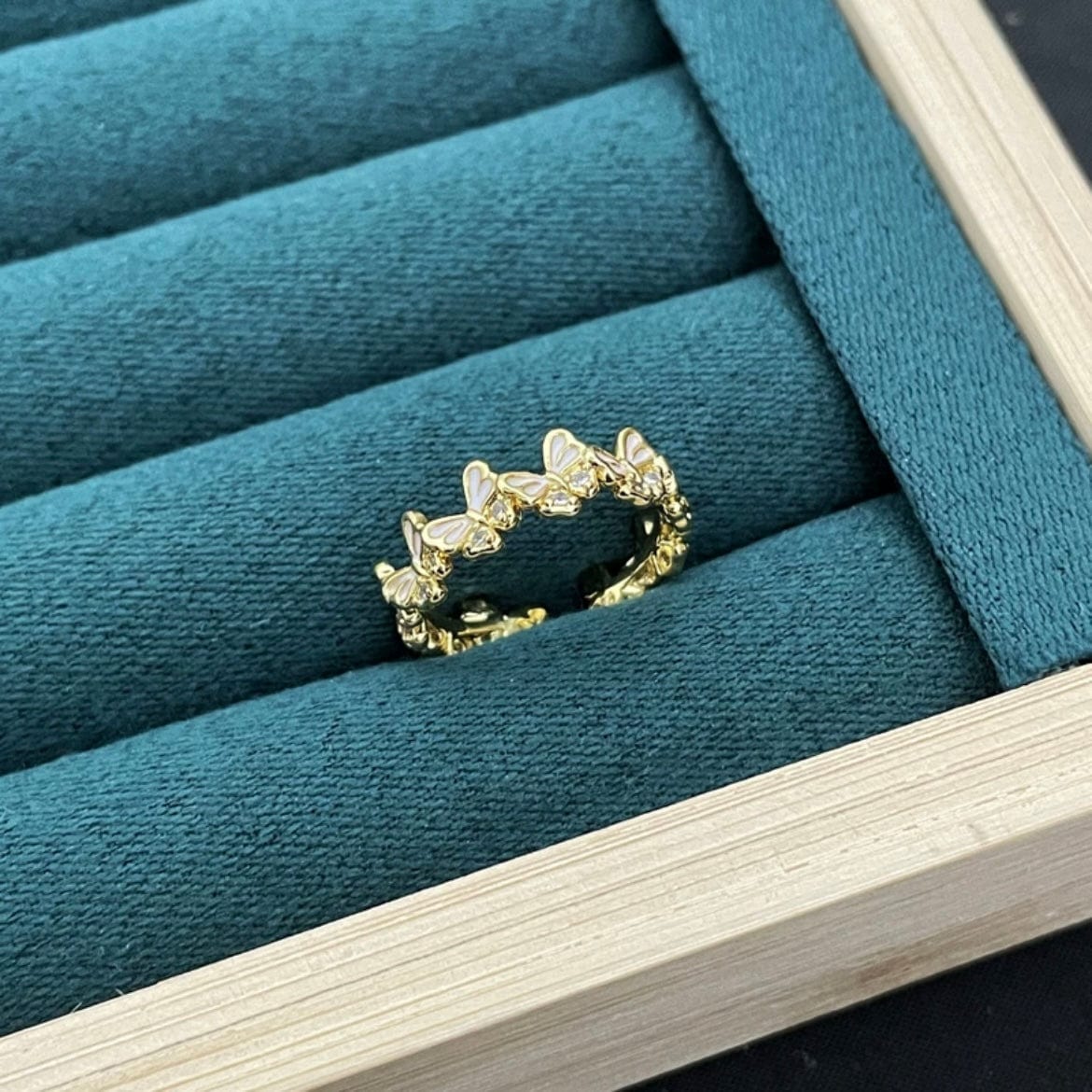 Chic CZ Inlaid Enamel Butterfly Open Ring - ArtGalleryZen