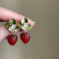 Thumbnail for Chic CZ Inlaid Enamel Leaf Strawberry Dangle Earrings - ArtGalleryZen