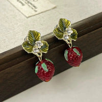 Thumbnail for Chic CZ Inlaid Enamel Leaf Strawberry Dangle Earrings - ArtGalleryZen