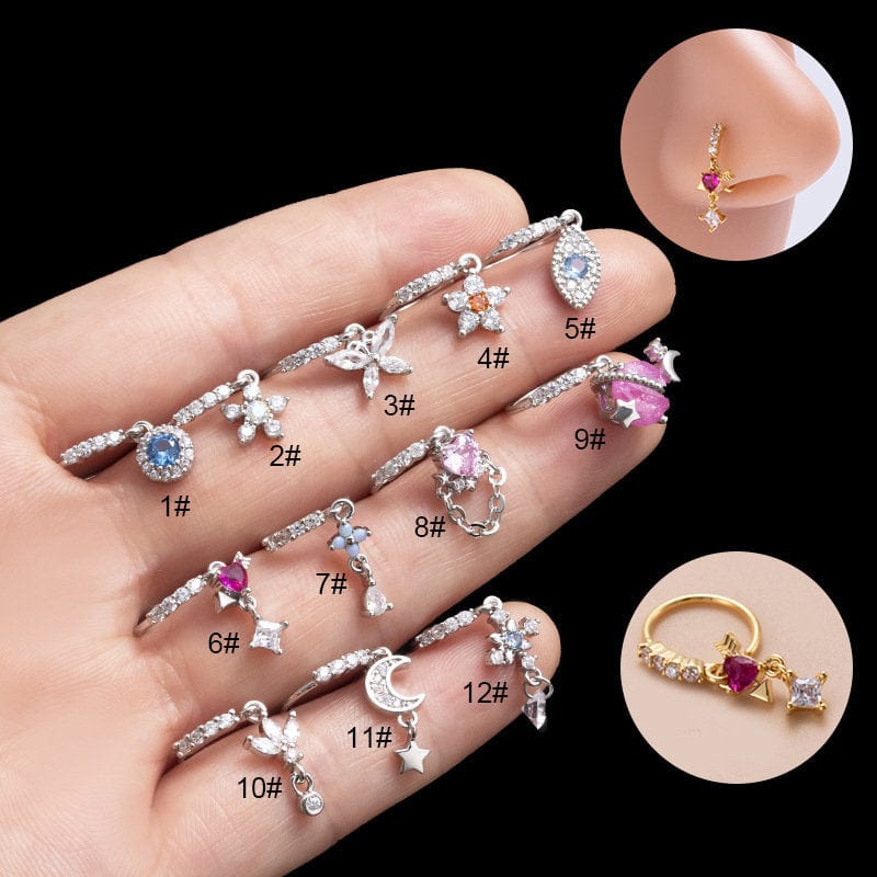 Chic CZ Inlaid Floral Arrow Heart Moon Star Dangling Nose Piercing Hoop - ArtGalleryZen