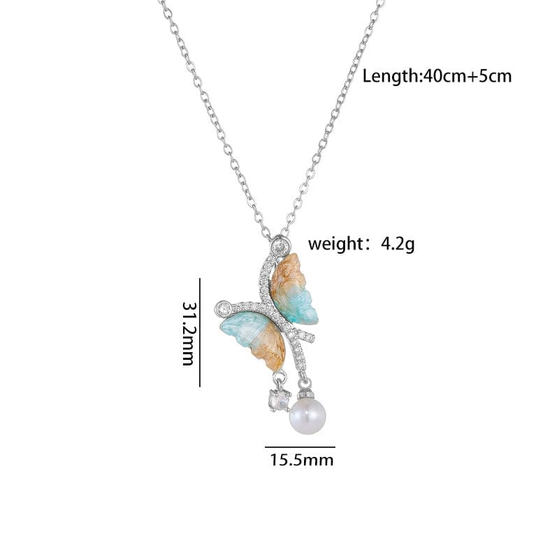 Chic CZ Inlaid Gradient Butterfly Pearl Pendant Cable Chain Necklace - ArtGalleryZen