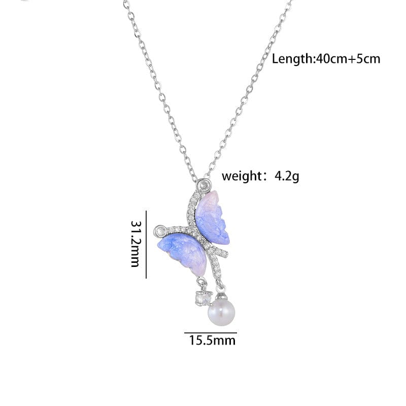 Chic CZ Inlaid Gradient Butterfly Pearl Pendant Cable Chain Necklace - ArtGalleryZen