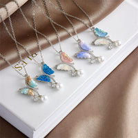 Thumbnail for Chic CZ Inlaid Gradient Butterfly Pearl Pendant Cable Chain Necklace - ArtGalleryZen