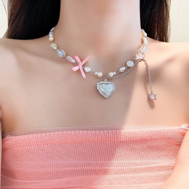 Chic CZ Inlaid Heart Locket Pendant Star Pearl Chain Necklace - ArtGalleryZen