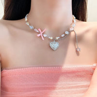 Thumbnail for Chic CZ Inlaid Heart Locket Pendant Star Pearl Chain Necklace - ArtGalleryZen