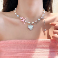 Thumbnail for Chic CZ Inlaid Heart Locket Pendant Star Pearl Chain Necklace - ArtGalleryZen