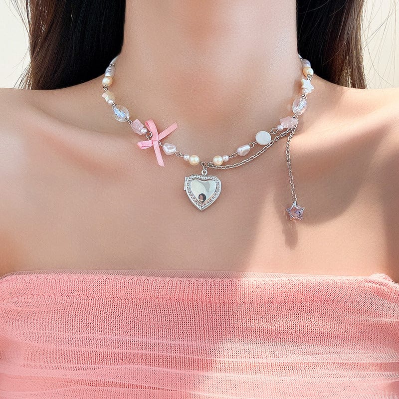 Chic CZ Inlaid Heart Locket Pendant Star Pearl Chain Necklace - ArtGalleryZen