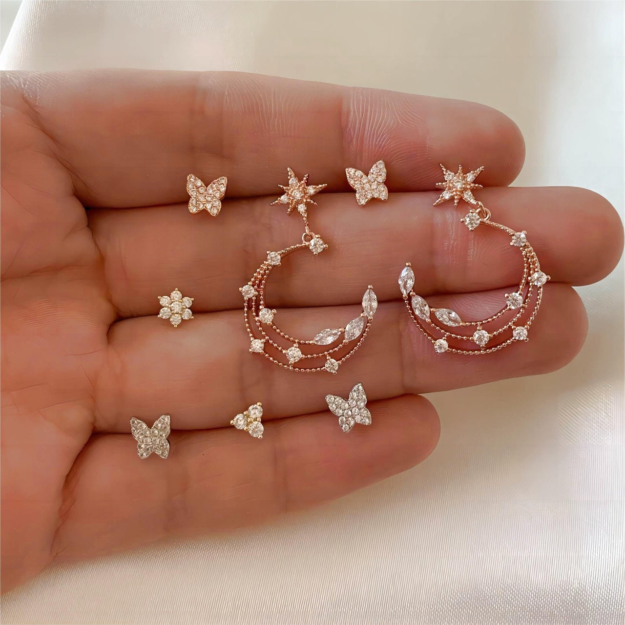 Chic CZ Inlaid Moon Phase Star Dangle Stud Earrings Set - ArtGalleryZen