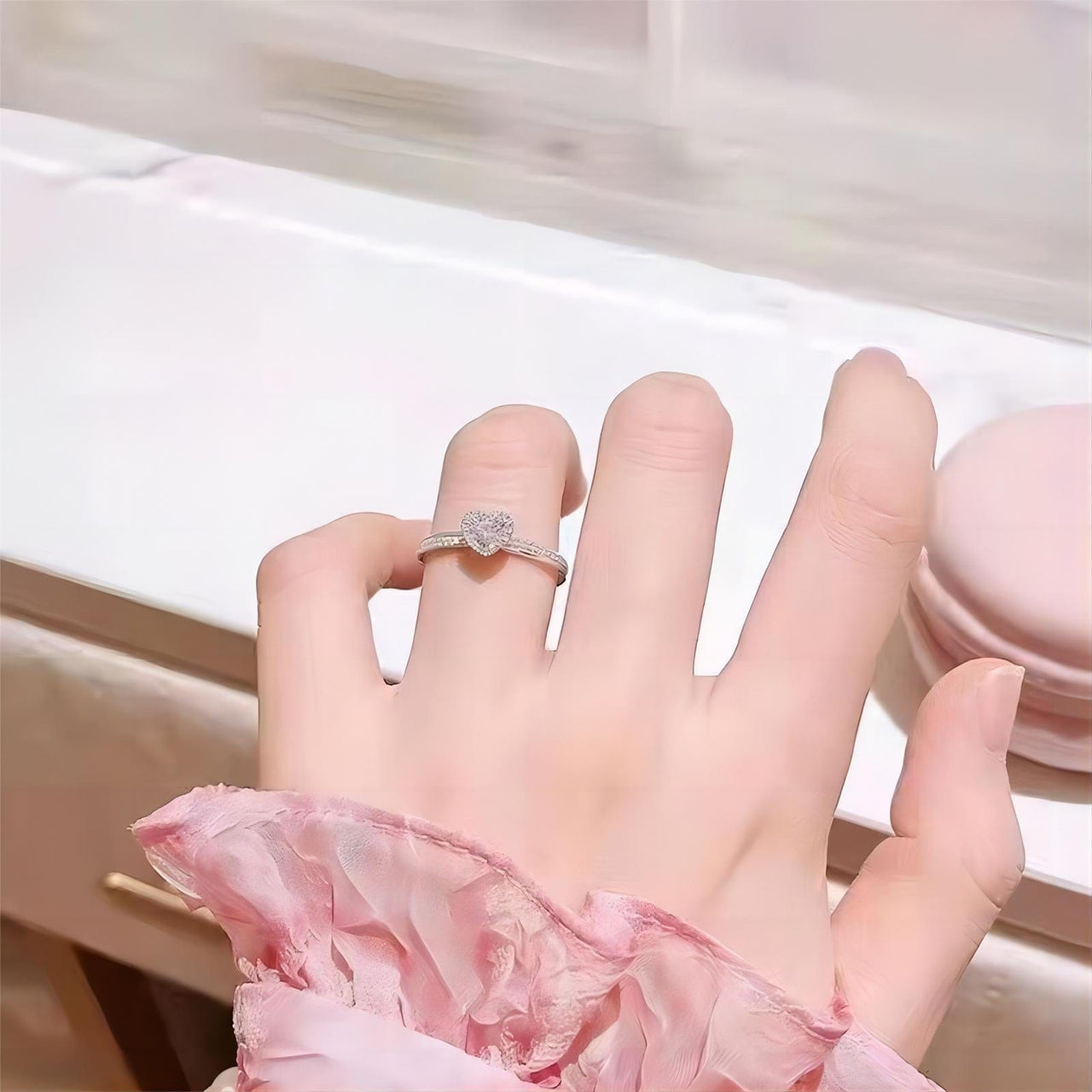 Chic CZ Inlaid Pink Crystal Heart Ring - ArtGalleryZen