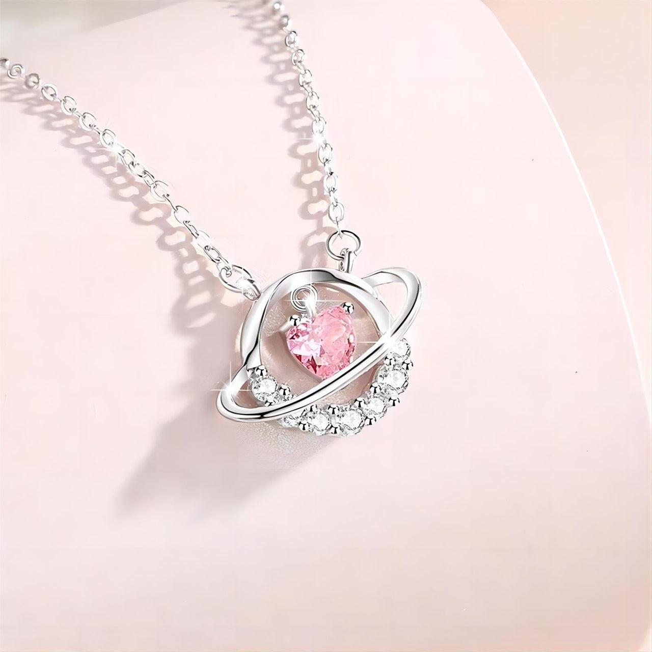 Chic CZ Inlaid Planet Dangle Heart Pendant Necklace - ArtGalleryZen