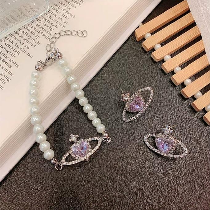 Chic CZ Inlaid Purple Saturn Necklace Earrings Bracelet Set - ArtGalleryZen