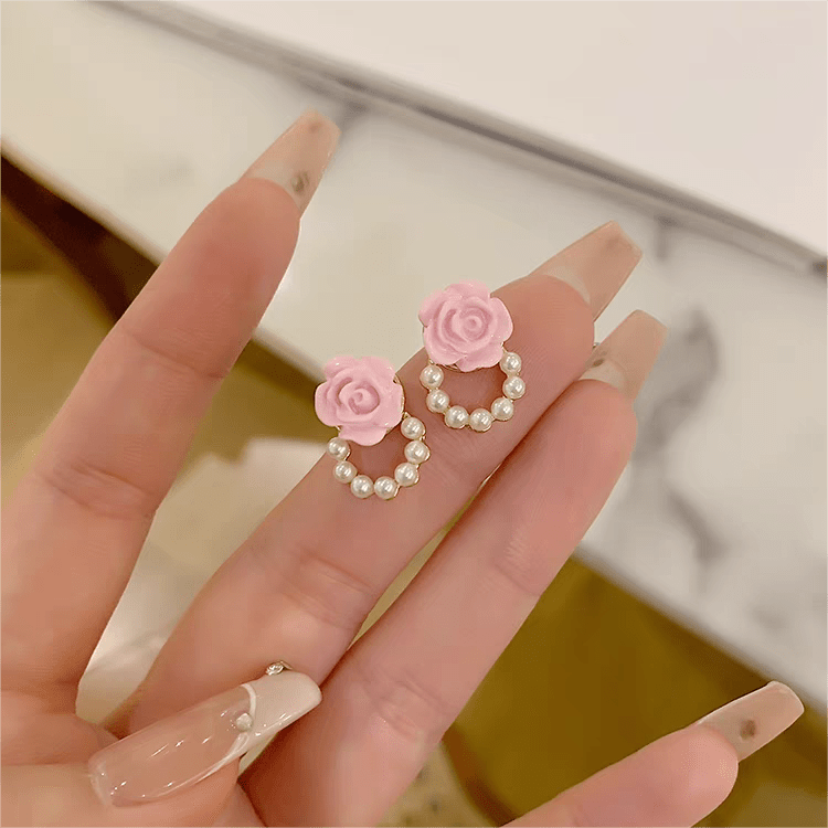 Chic Enamel Pink Rose Pearl Chain Earrings - ArtGalleryZen