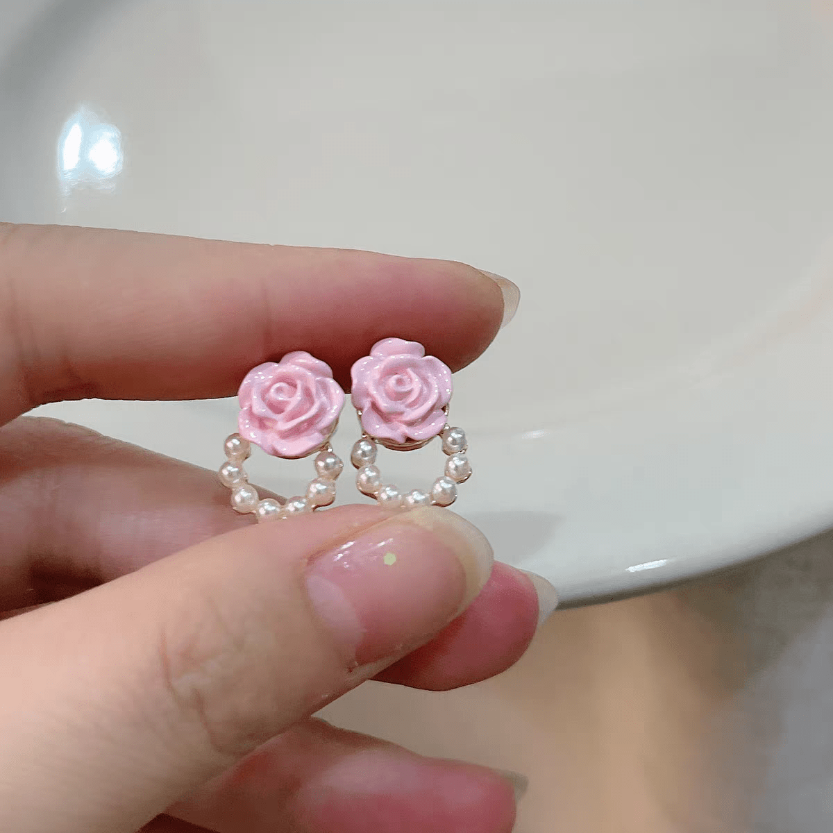 Chic Enamel Pink Rose Pearl Chain Earrings - ArtGalleryZen