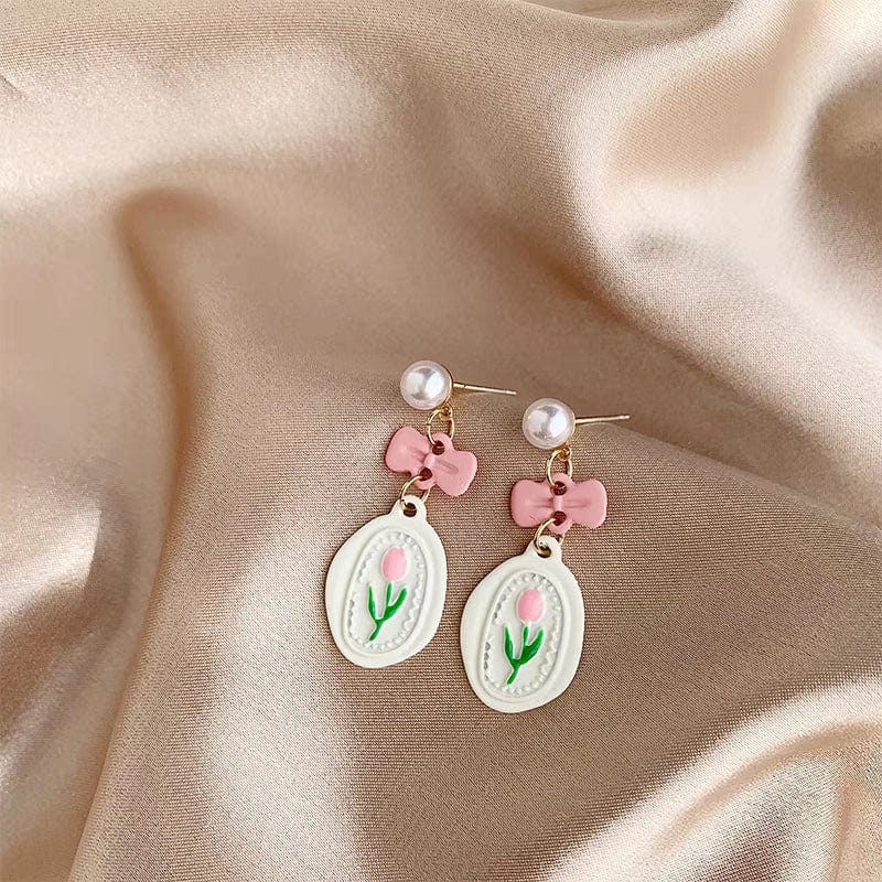 Chic Enamel Pink Tulip Earrings - ArtGalleryZen