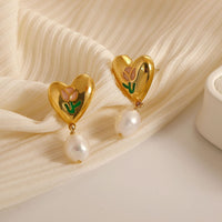 Thumbnail for Chic Enamel Tulip Heart Pearl Earrings - ArtGalleryZen