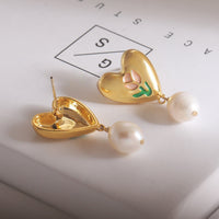 Thumbnail for Chic Enamel Tulip Heart Pearl Earrings - ArtGalleryZen