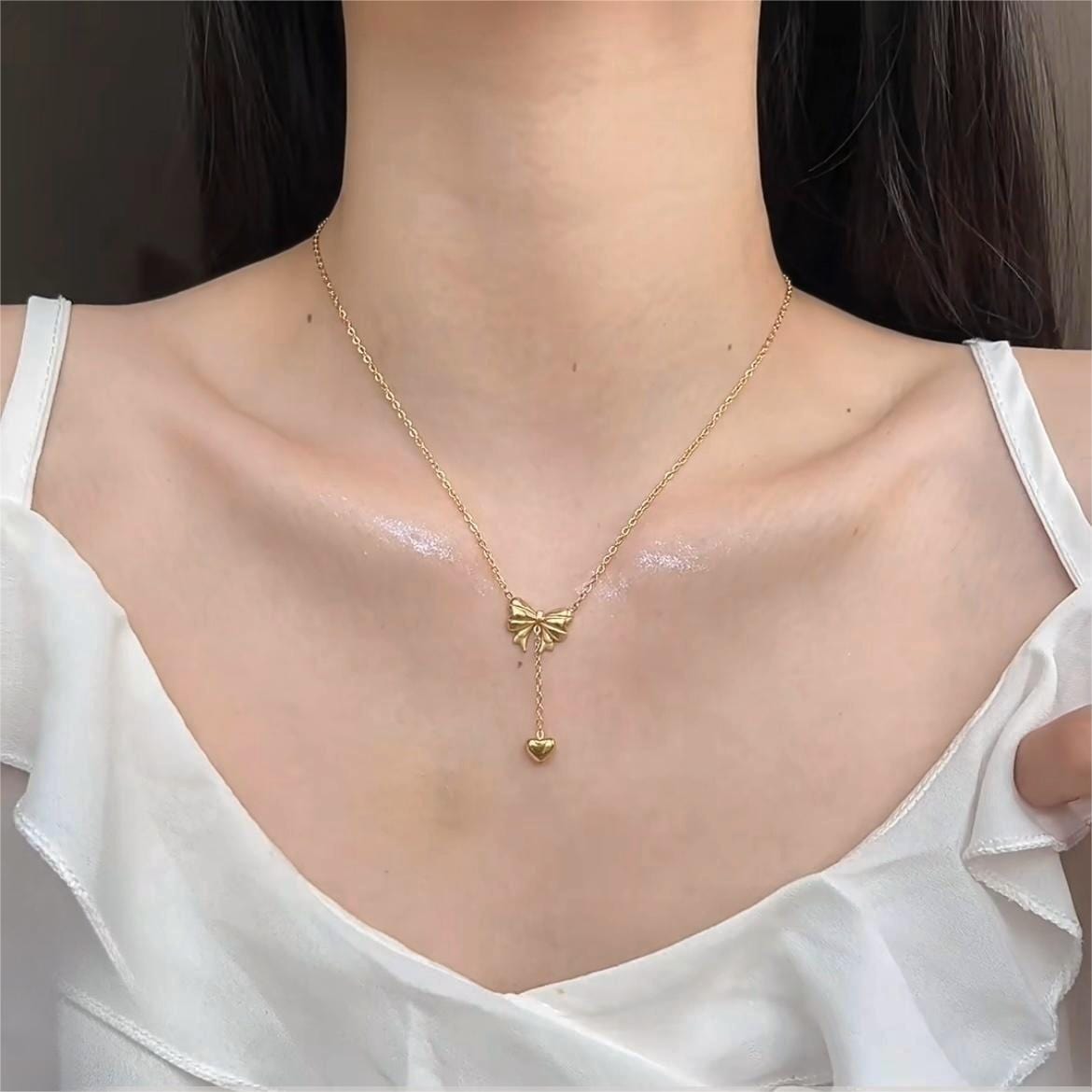 Chic Gold Plated Bowknot Heart Pendant Y Necklace - ArtGalleryZen
