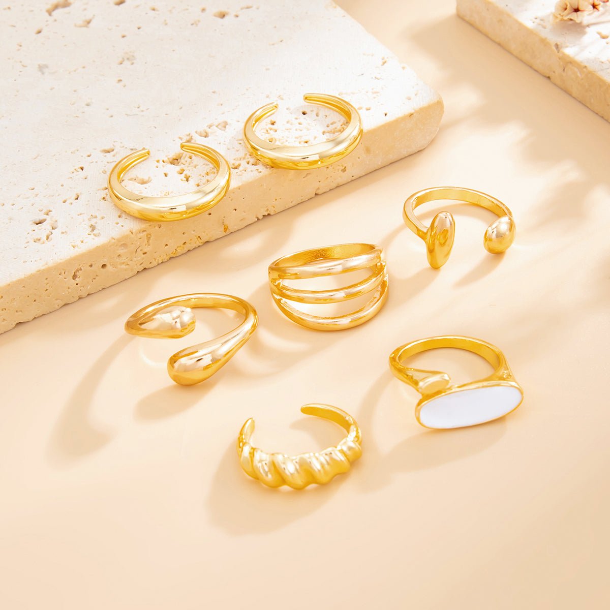 Chic Gold Silver Plated Waterdrop Hollow Enamel Ring Set - ArtGalleryZen
