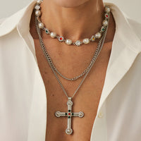 Thumbnail for Chic Gold Silver Tone Cross Pendant Pearl Rhinestone Chain Necklace Set - ArtGalleryZen