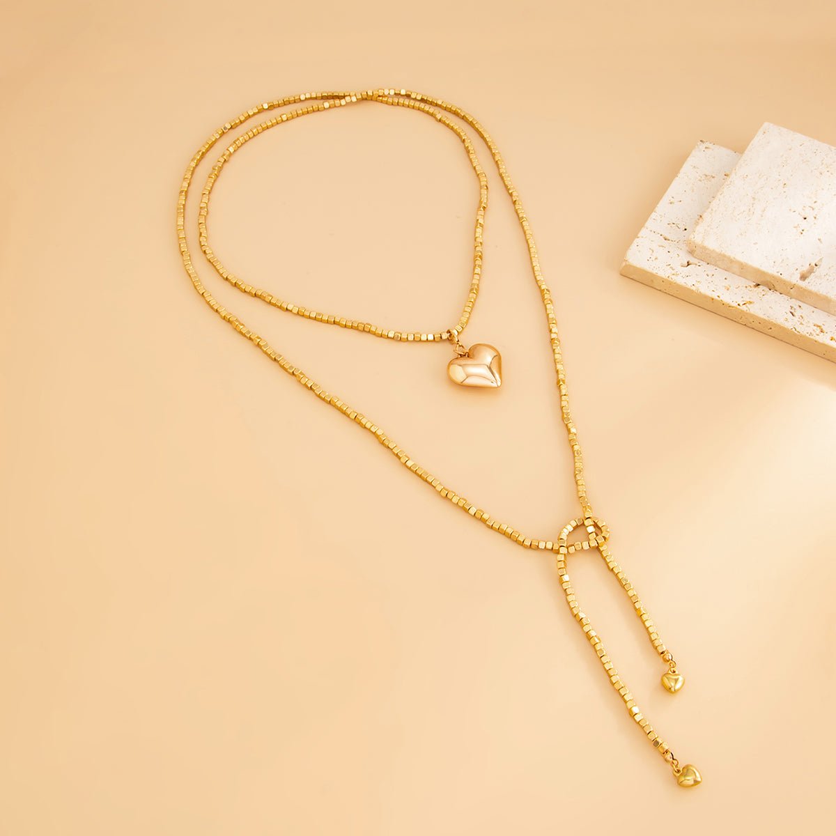 Chic Heart Pendant Square Beaded Long Chain Necklace - ArtGalleryZen