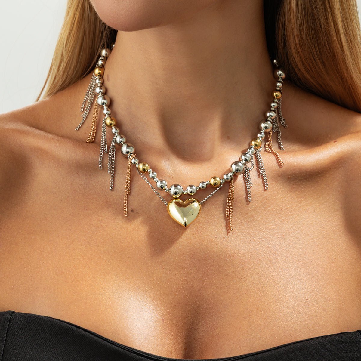 Chic Heart Pendant Two Tone Ball Chain Tassel Necklace - ArtGalleryZen