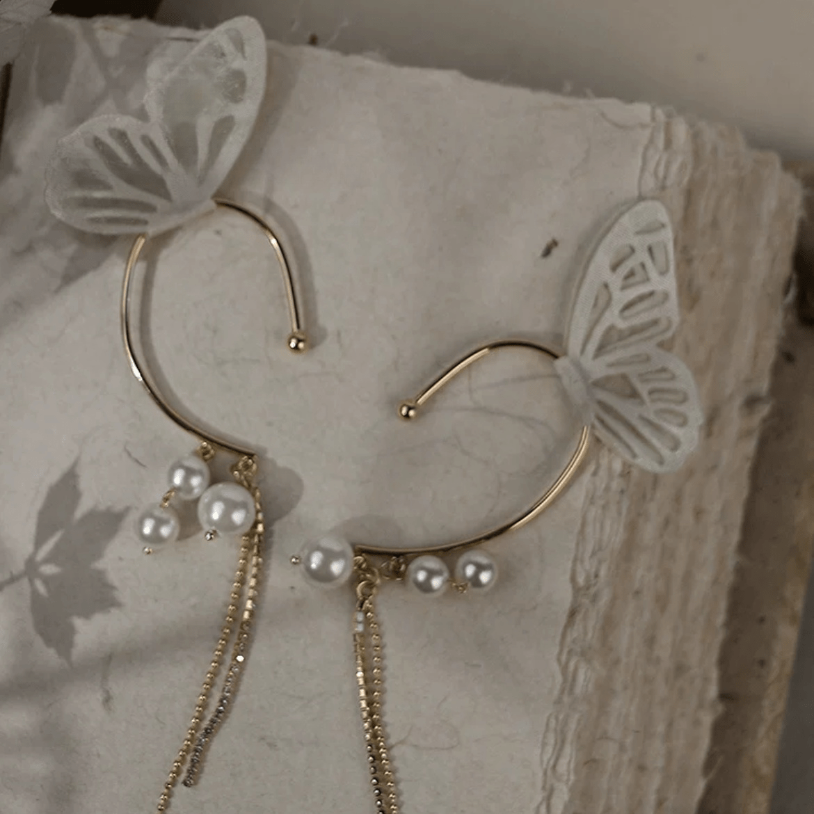 Chic Hollow Butterfly Pearl Chain Tassel Elf Ear Cuff Wrap Earring - ArtGalleryZen