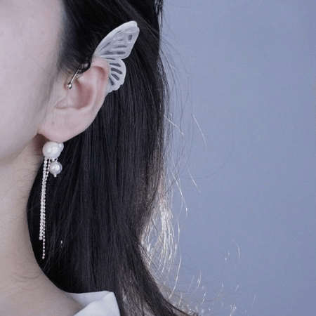 Chic Hollow Butterfly Pearl Chain Tassel Elf Ear Cuff Wrap Earring - ArtGalleryZen