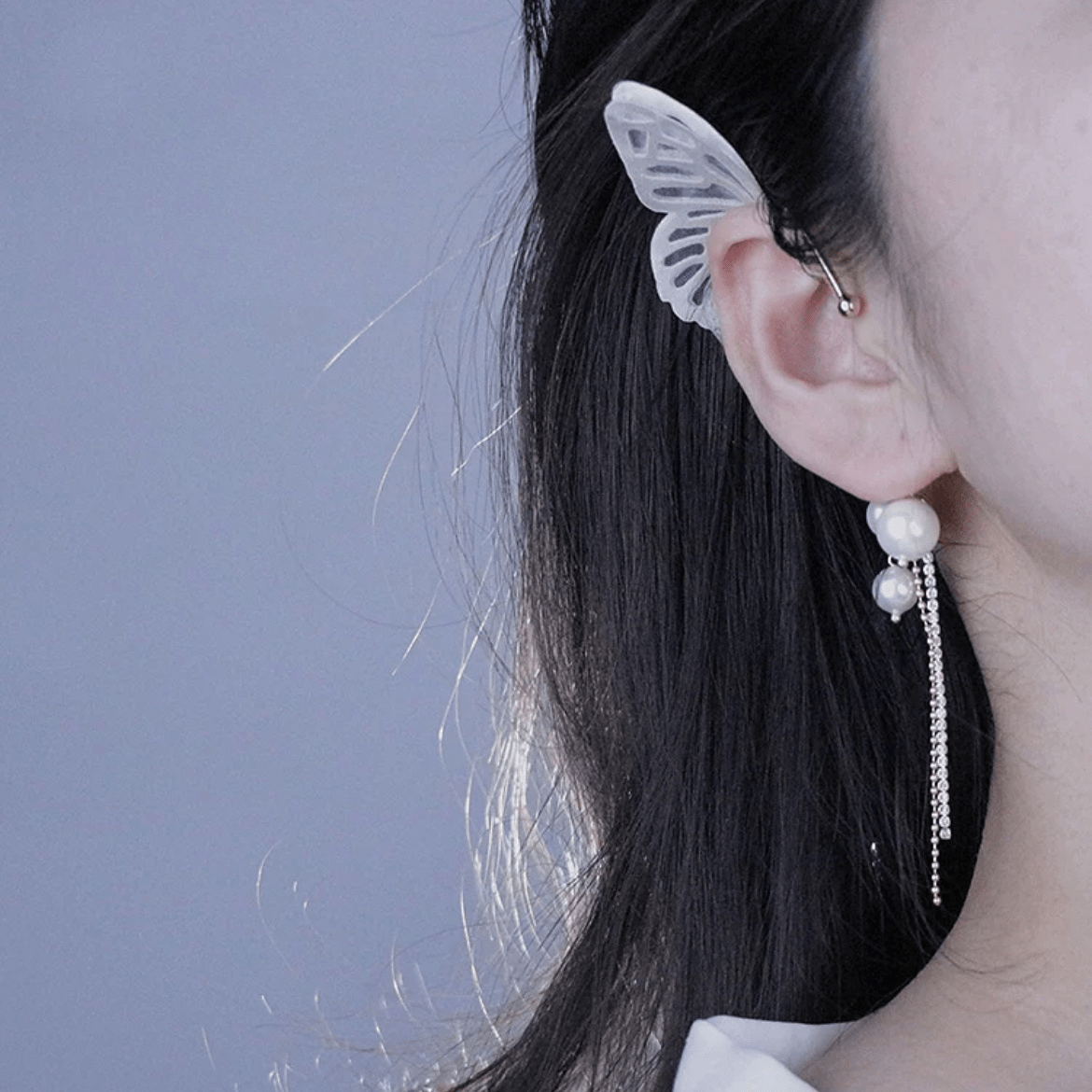 Chic Hollow Butterfly Pearl Chain Tassel Elf Ear Cuff Wrap Earring - ArtGalleryZen