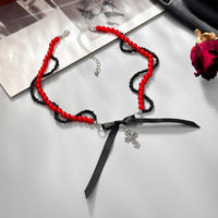 Thumbnail for Chic Layered Cross Bowknot Pendant Pearl Seed Beaded Chain Necklace - ArtGalleryZen
