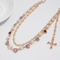 Thumbnail for Chic Layered Cross Pendant Heart Rhinestone Pearl Trouser Chain - ArtGalleryZen