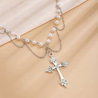 Thumbnail for Chic Layered Cross Pendant Pearl Chain Necklace - ArtGalleryZen