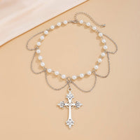 Thumbnail for Chic Layered Cross Pendant Pearl Chain Necklace - ArtGalleryZen