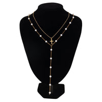 Thumbnail for Chic Layered Cross Pendant Pearl Chain Y Necklace Set - ArtGalleryZen