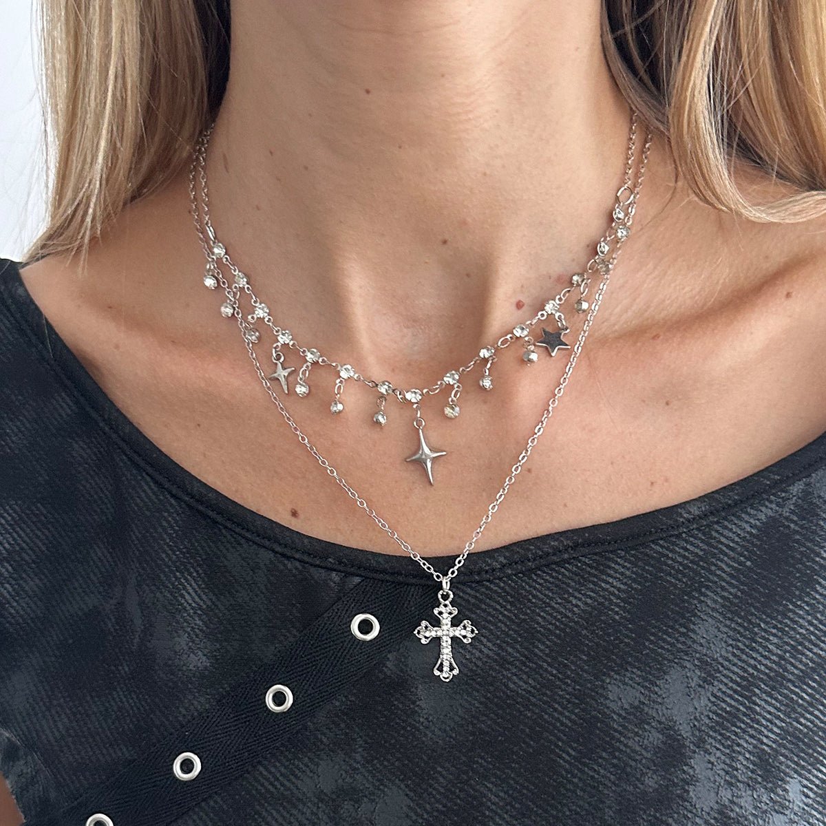 Chic Layered Cross Star Tassel Rhinestone Chain Necklace Set - ArtGalleryZen