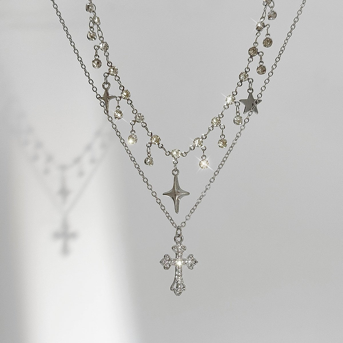 Chic Layered Cross Star Tassel Rhinestone Chain Necklace Set - ArtGalleryZen