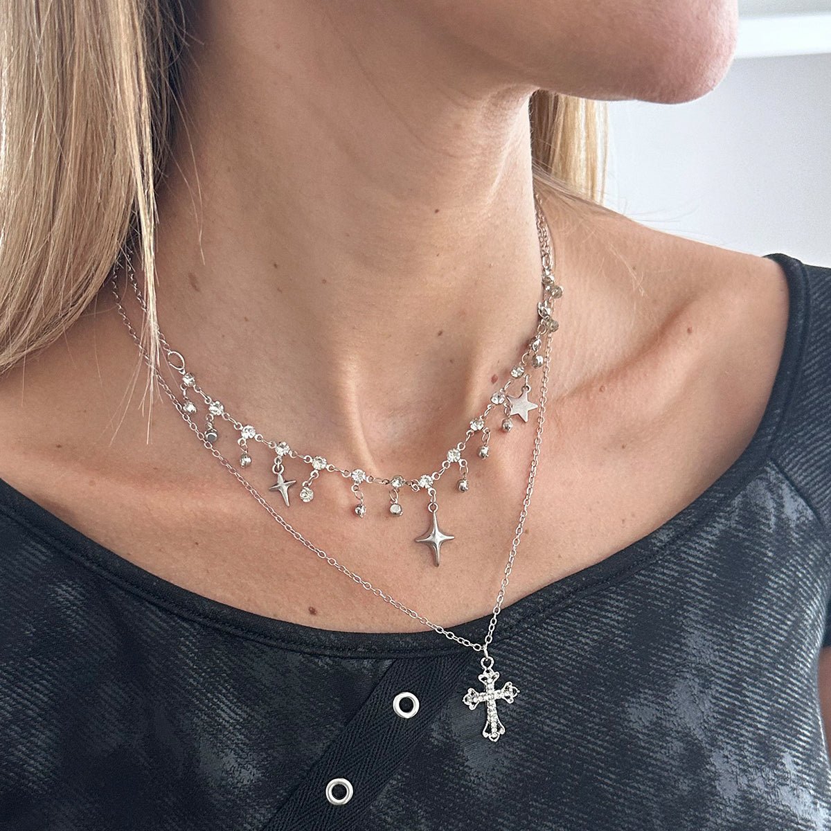 Chic Layered Cross Star Tassel Rhinestone Chain Necklace Set - ArtGalleryZen