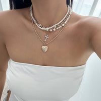 Thumbnail for Chic Layered Crystal Inlaid Cross Heart Pendant Pearl Chain Necklace Set - ArtGalleryZen