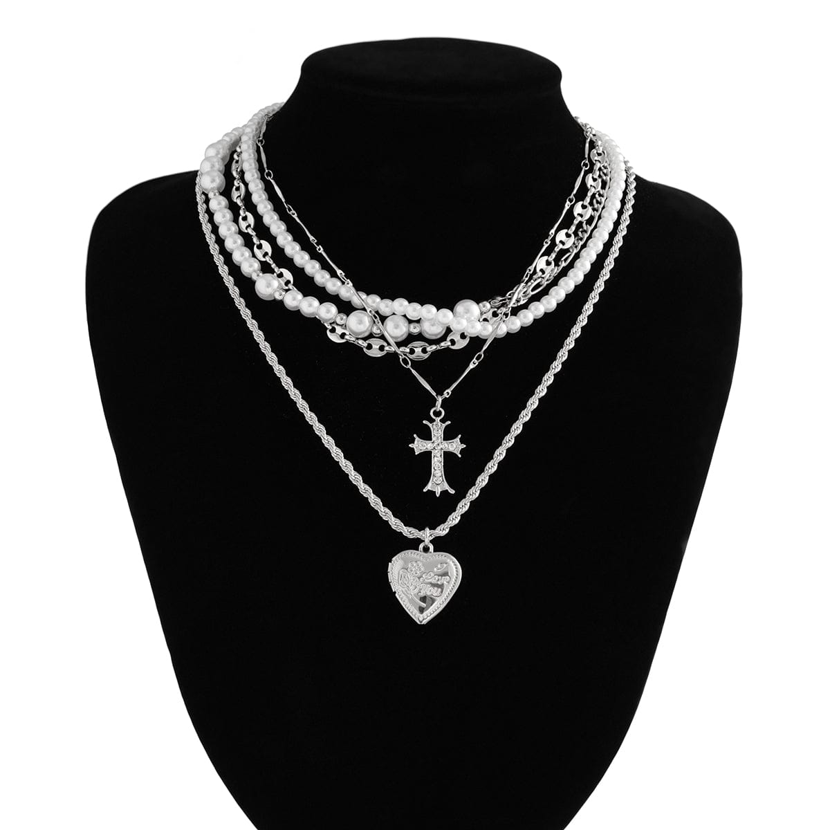 Chic Layered Crystal Inlaid Cross Heart Pendant Pearl Chain Necklace Set - ArtGalleryZen