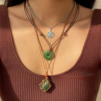 Thumbnail for Chic Layered Crystal Sun Pendant Wax Cord String Necklace Set - ArtGalleryZen